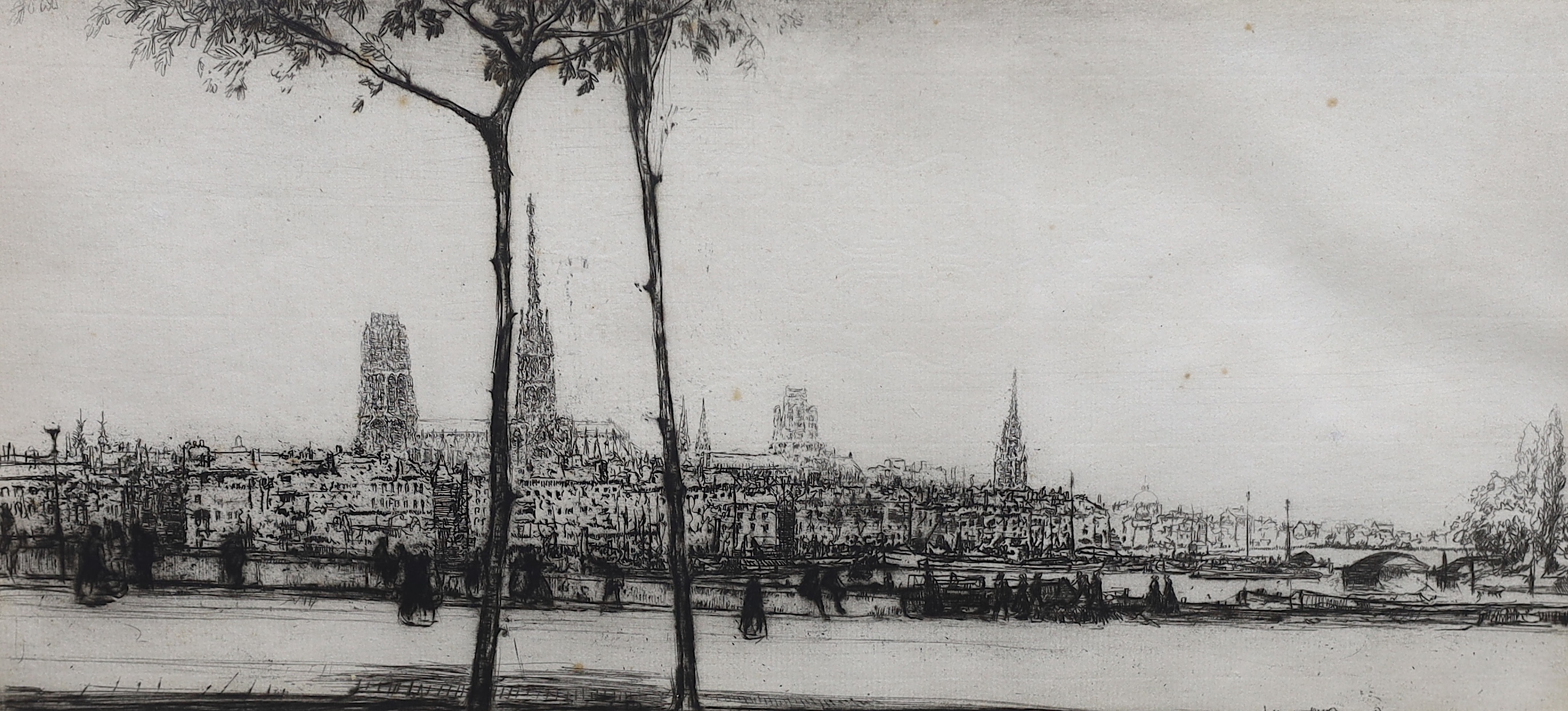 James McBey (Scottish, 1883-1959), drypoint etching, 'Rouen', signed in ink, dated in the plate 1916, 16.5 x 36.5cm. Condition - fair